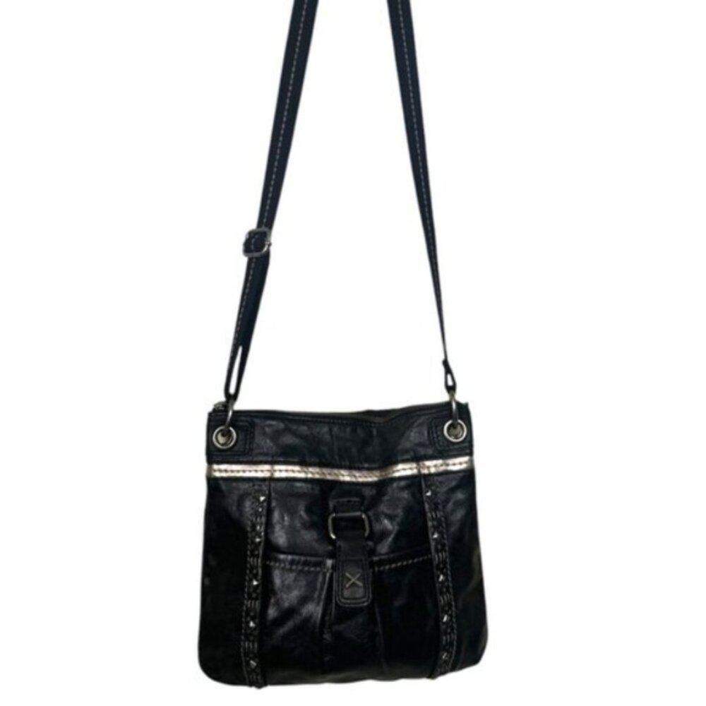 The Sak Leather Crossbody Shoulder Bag Zip Pockets Adjustable Canvas Black Gold